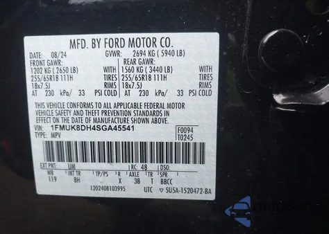 2025 Ford Explorer Active из США, поврежденный, VIN 1FMUK8DH4SGA45541